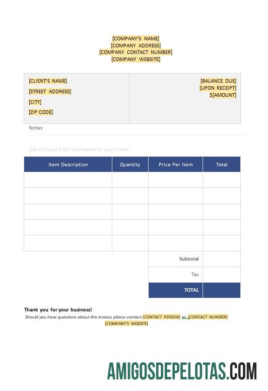 imprimível Modelo de fatura em branco grátis